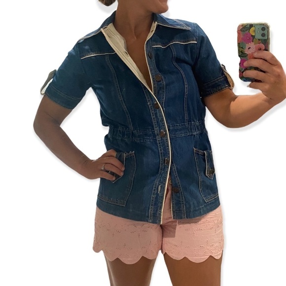 Vintage faded glory dark denim button up shirt sleeve shirt jacket - Picture 2 of 9